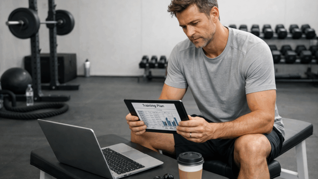 busy professional reviewing structured fitness plan to maintain consistent training progress