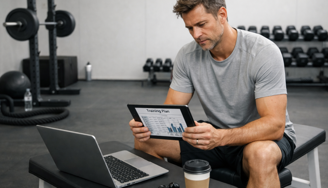 busy professional reviewing structured fitness plan to maintain consistent training progress
